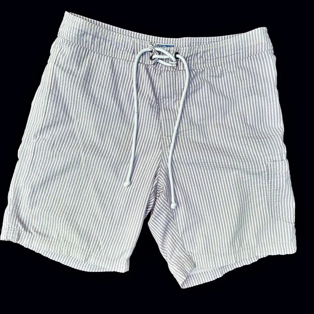 J Crew Mens 33 Seersucker Swim Trunks Cargo Shorts Green Tan Striped Mesh Lined‎